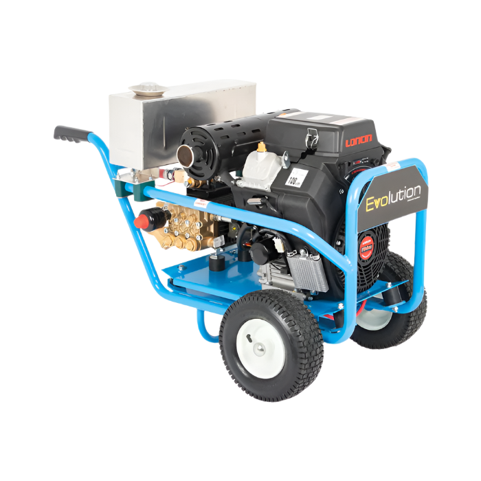 Pressure washer with blue frame and visible 'Evolution' branding on a white background